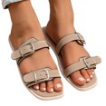 thumbnail image 2 of Domuza Women's Genuine Leather Platform Sandals Cork Footbed Slip-on Sandals Summer Chunky Slides with Double Adjustable Buckle Casual Vacation Shoes Beige 7.5（EU-39）, 2 of 6
