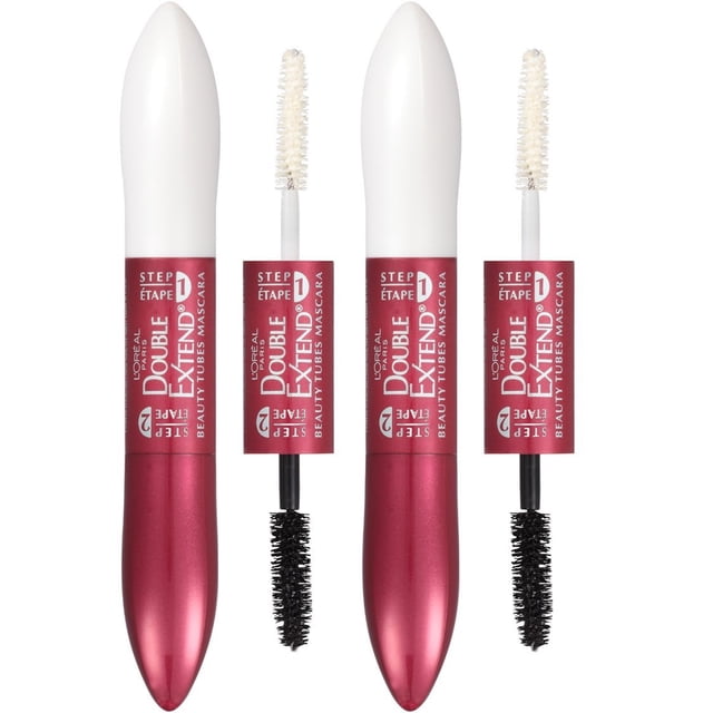 L'Oréal Paris Makeup Double Extend Beauty Tubes Lengthening 2 Step Mascara, Blackest Black, 2 Pack
