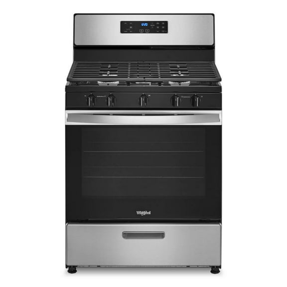 Brand New WFG505M0MS Whirlpool 30" 5.1 cu ft 5 Burners Gas Range in Stainless Steel. Dimensions of 29” width, 27.2” depth, and 46.25” height