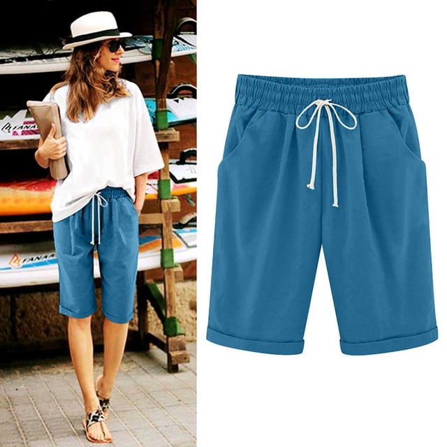 Basic Cotton Linen Shorts for Women,Womens Shorts Summer Plus Size Solid Five Points Large Size Cotton Linen Shorts with Pockets Casual Pants,Elastic Waist Workout Shorts Casual Summer Beach Shorts