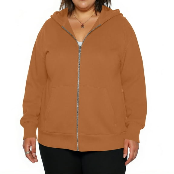 Domzest Plus Size Womens Sweatshirt Zip Up Long Sleeve 3X-5X Hoodie Fall Lightweight Fat Cotton Drawstring Oversize Sweaters Casual with Pocket Jackets Brown L-Large