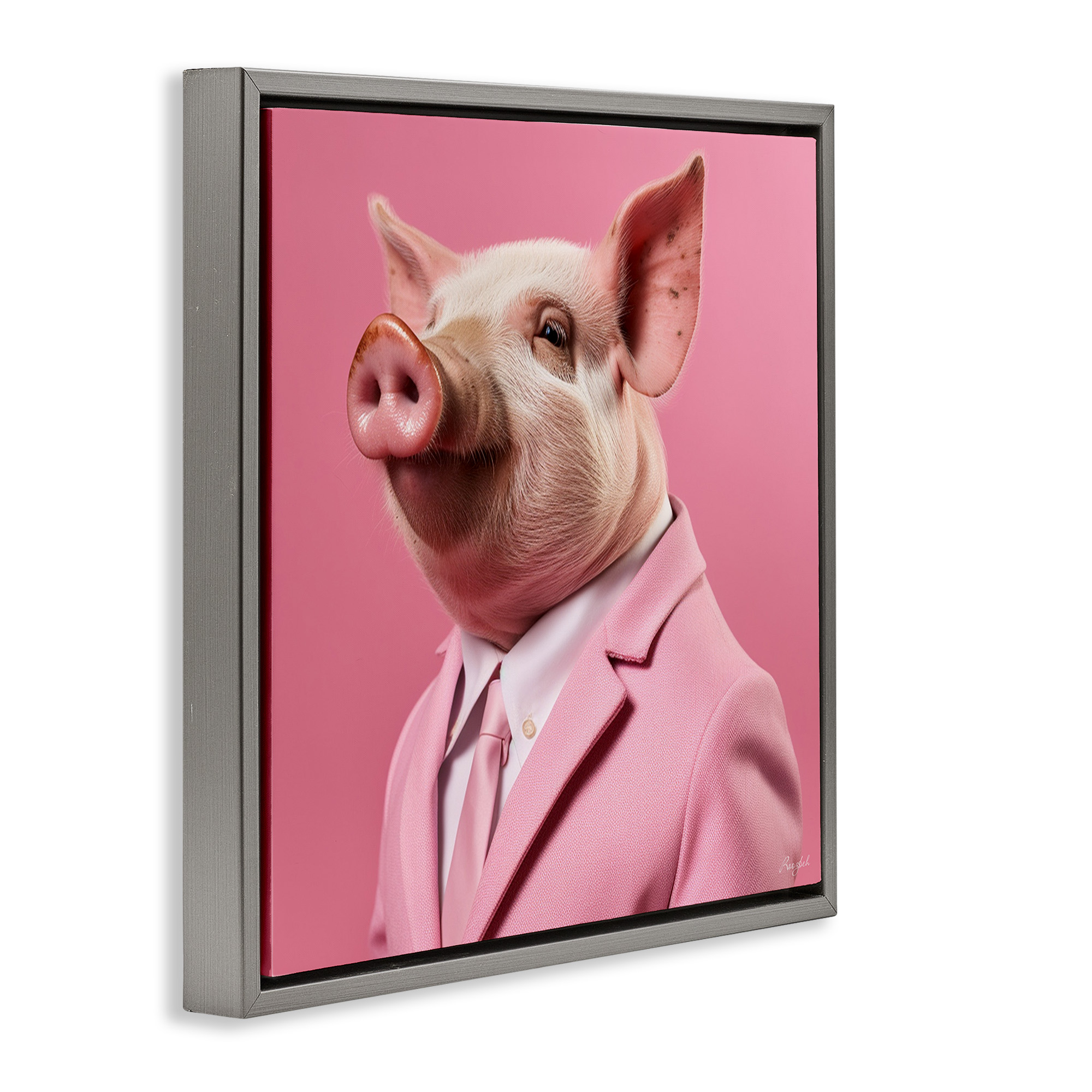 Stupell Industries Pink Pig Fashion Animals & Insects Painting Gray Floater Framed Canvas Art Print Wall Art, 18 x 18