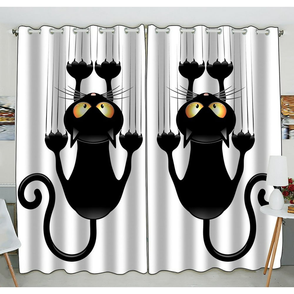 GCKG Cute Black Cat Window Curtain Kitchen Curtain Size 52(W) x 84