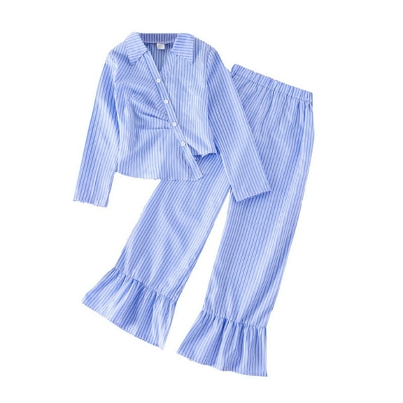 Owordtank Women Striped Lapel Single-Breasted Loose Poplin Shirt Elastic Waist Pajama Pant 2 Piece Set