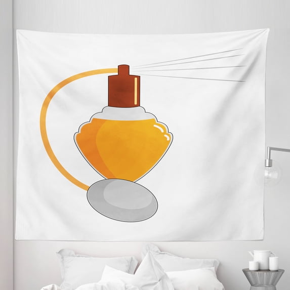 Perfume Tapestry, Woman's Cologne Cosmetic Products in a Bottle Illustration Print, Fabric Wall Hanging Decor for Bedroom Living Room Dorm, 5 Sizes, White Marigold and Pale Grey, by Ambesonne