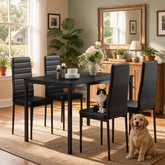 Dining Table Set for 4, 5-Piece Kitchen Table and Chairs Set, Small Space Saving Dining Table Set with 4 Upholstered Faux Leather Chairs, Sturdy Metal Frame, Black