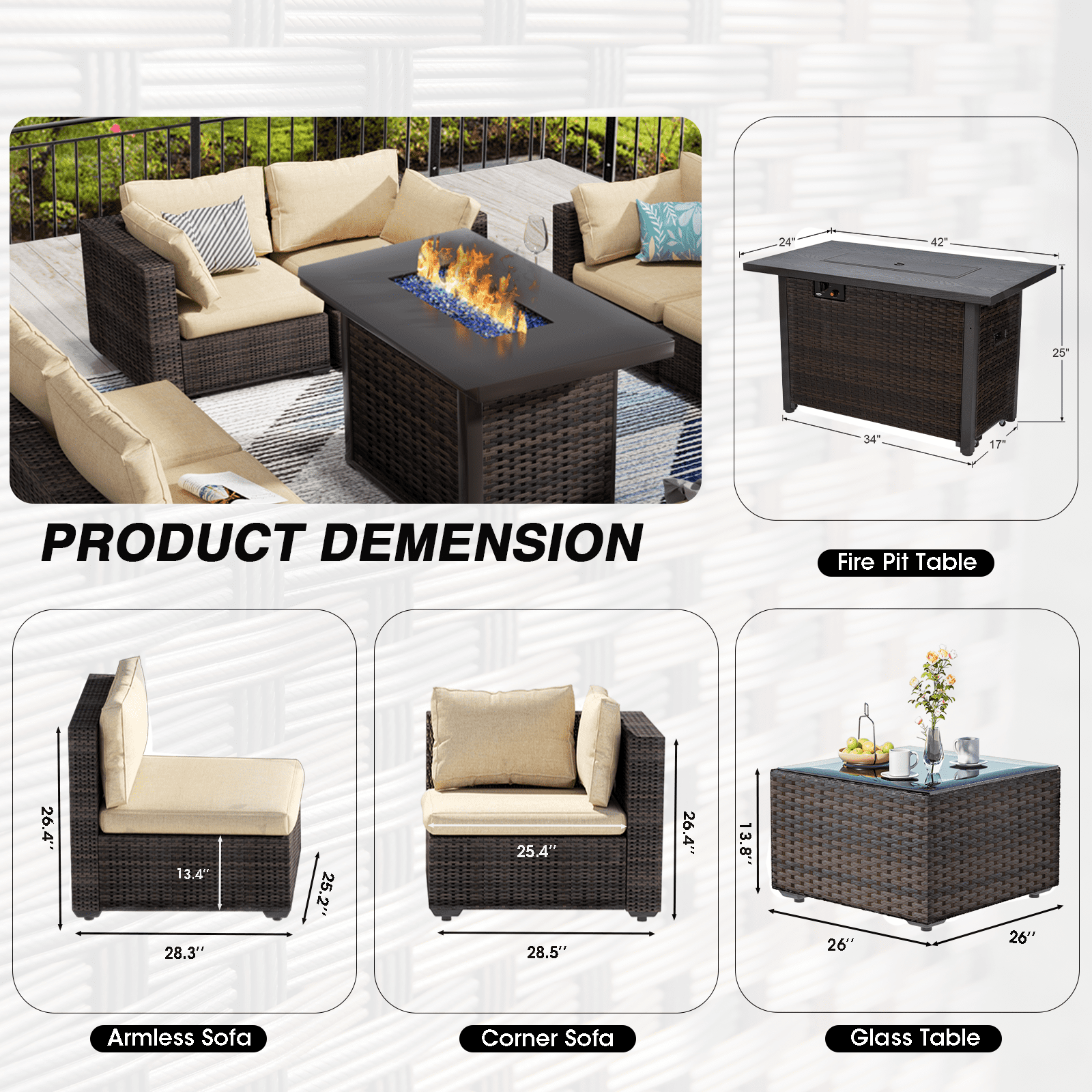 Grezone Outdoor Garden 10 Piece Patio Furniture Rattan Wicker Sectional Set, White