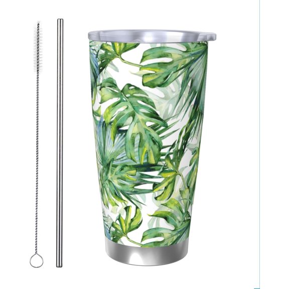 Tropical Leaves Tumbler 20oz Palm Leaf Stainless Steel Vacuum Insulated Tumblers with Lid and Straw Plants Travel Coffee Mug Tea Wine Cups Water Bottle Gifts for Women Plants Lovers