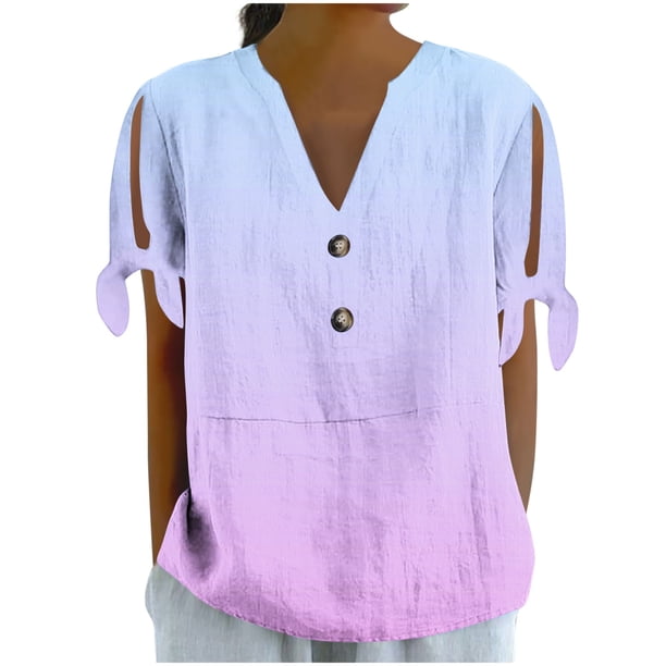 Vestidos Casuales Para Mujer, Blusas De Mujer De Moda Camiseta holgada de manga corta con cuello en V, botones y estampado sin posicionamiento para mujer, estilo informal y de moda