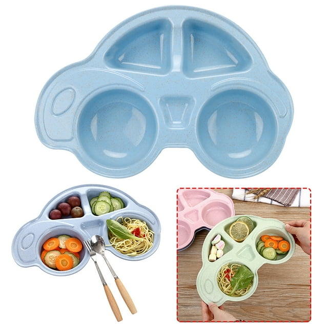 Oleegame 1PC Stainless Steel Cutlery Set Cartoon Car Shape Plate Environmentally Separated Kids Dinnerware Tableware Tray Blue