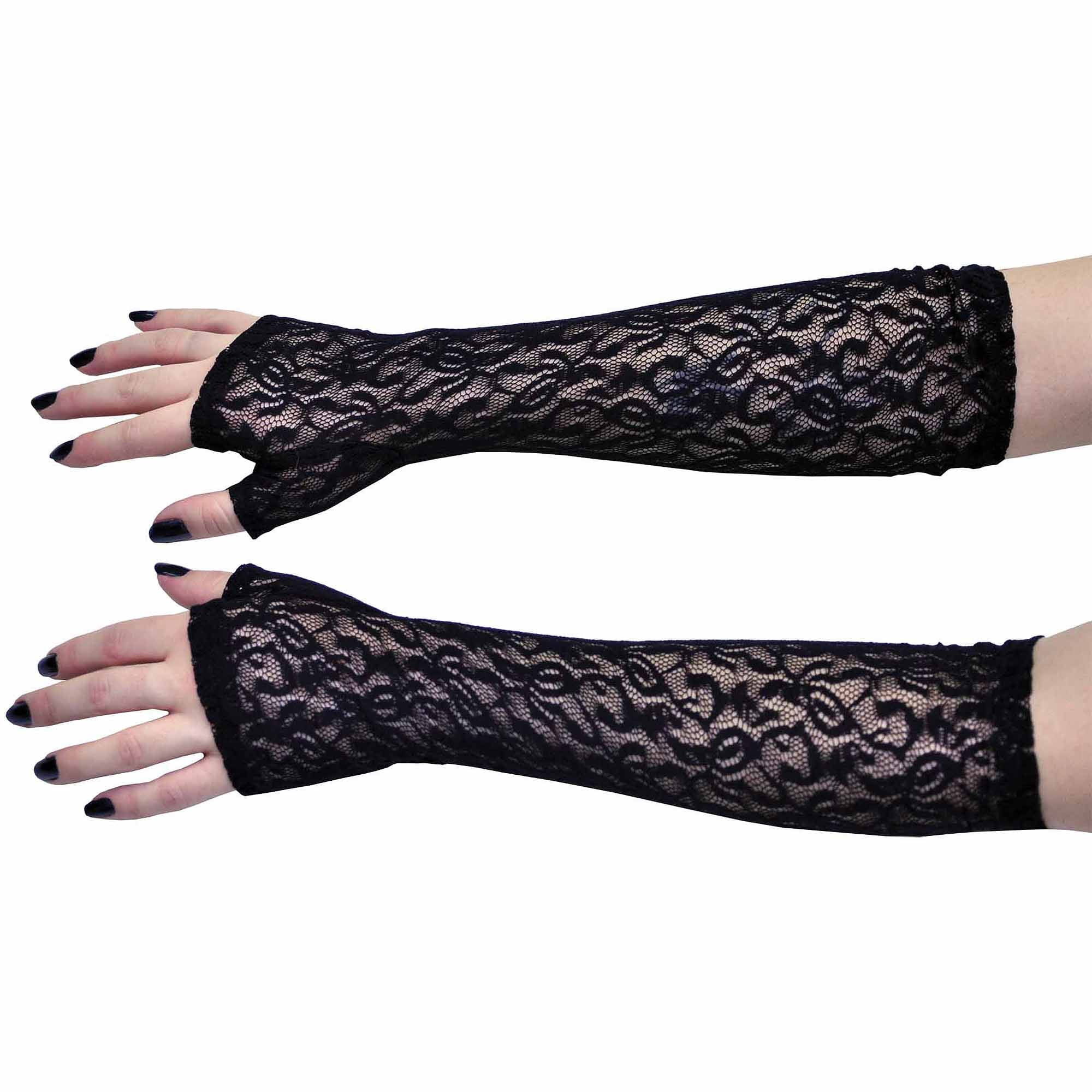 black fingerless elbow length gloves