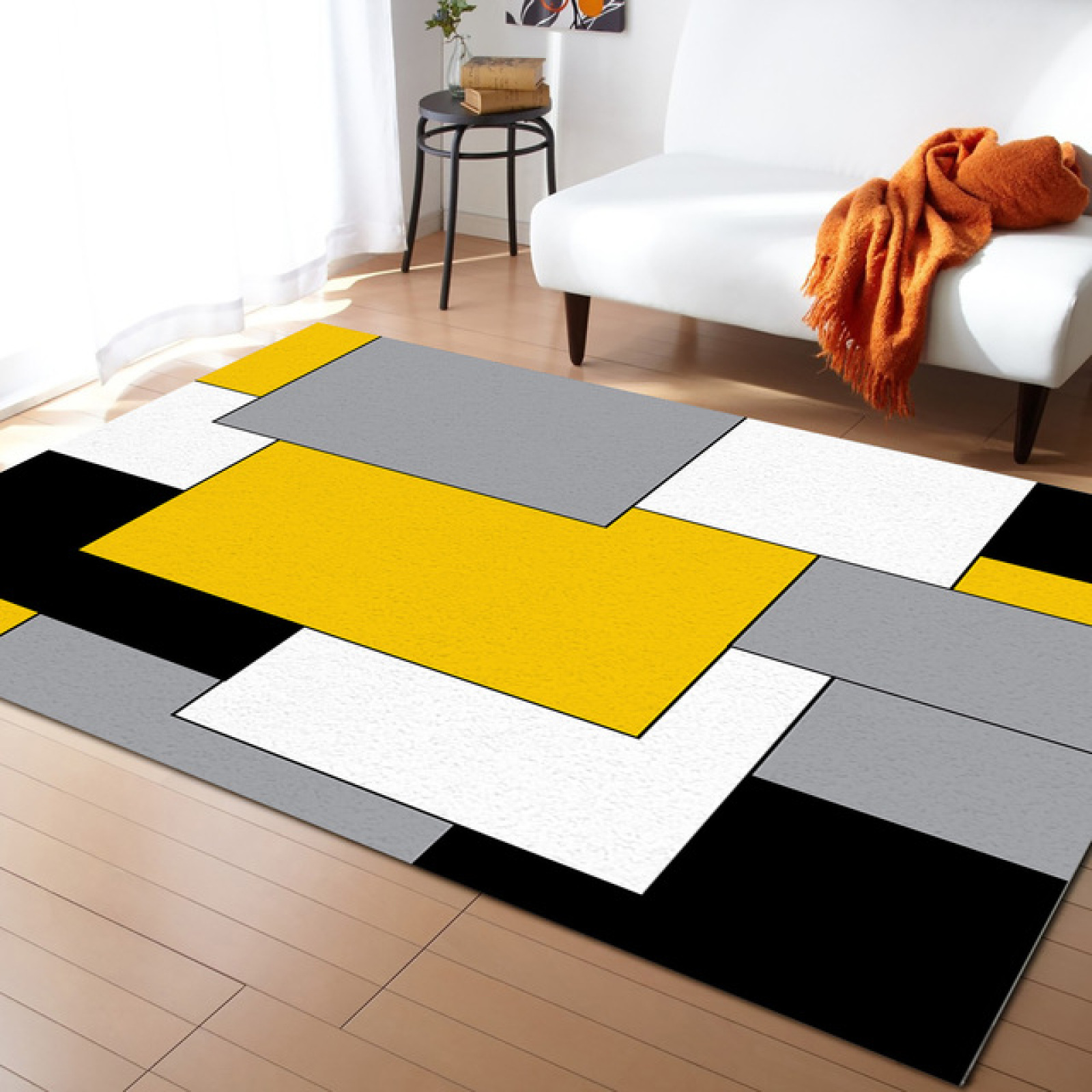 Yellow Black Geometric Area Rugs Indoor NonSlip Rug, Abstract Color Block Yellow Black Gray Rug
