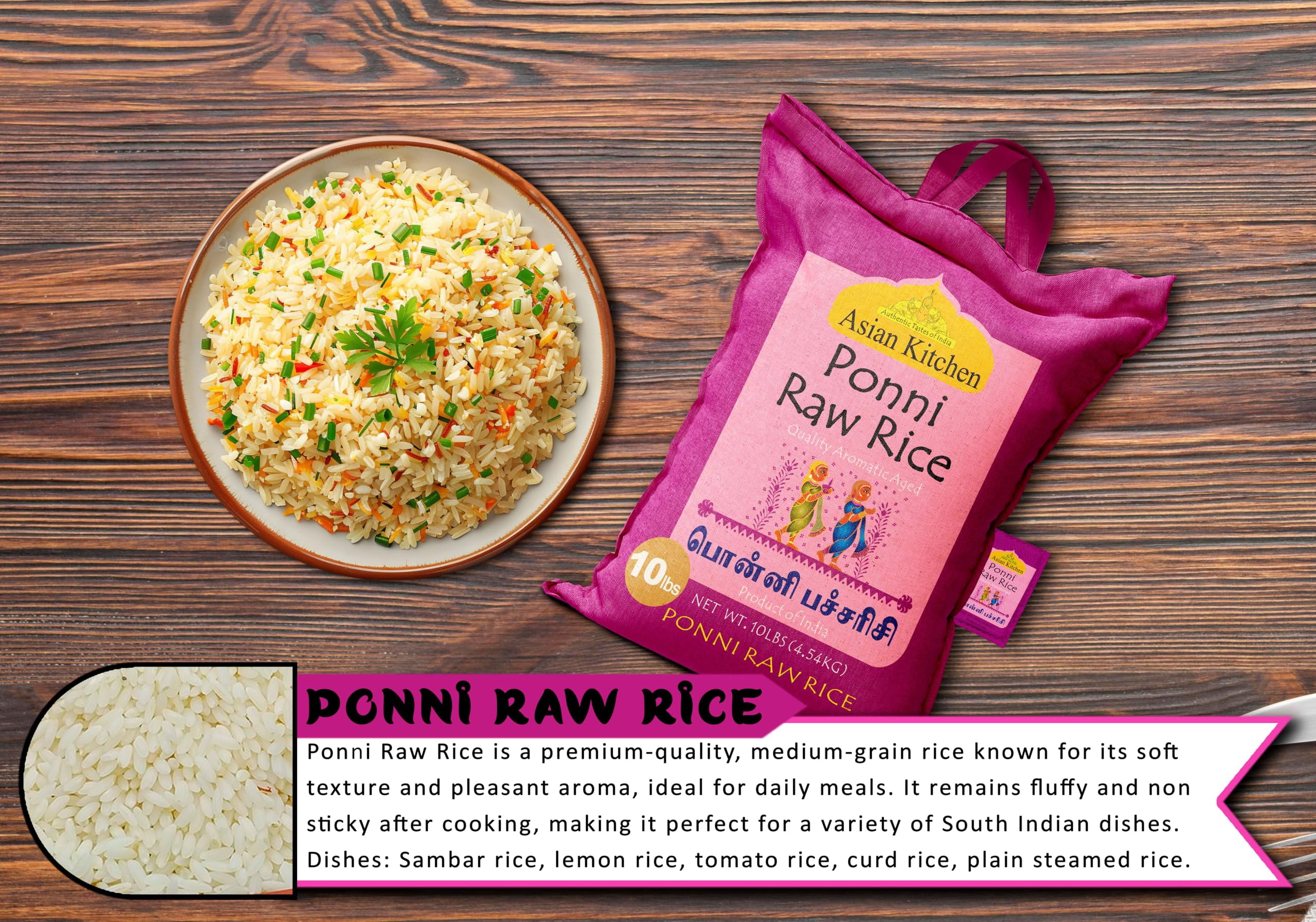 Asian Kitchen Ponni Raw Rice 10-Pound Bag, 10lbs (4.54kg) Short Grain Rice ~ All Natural | Gluten Friendly | Vegan | Indian Origin | Export Quality