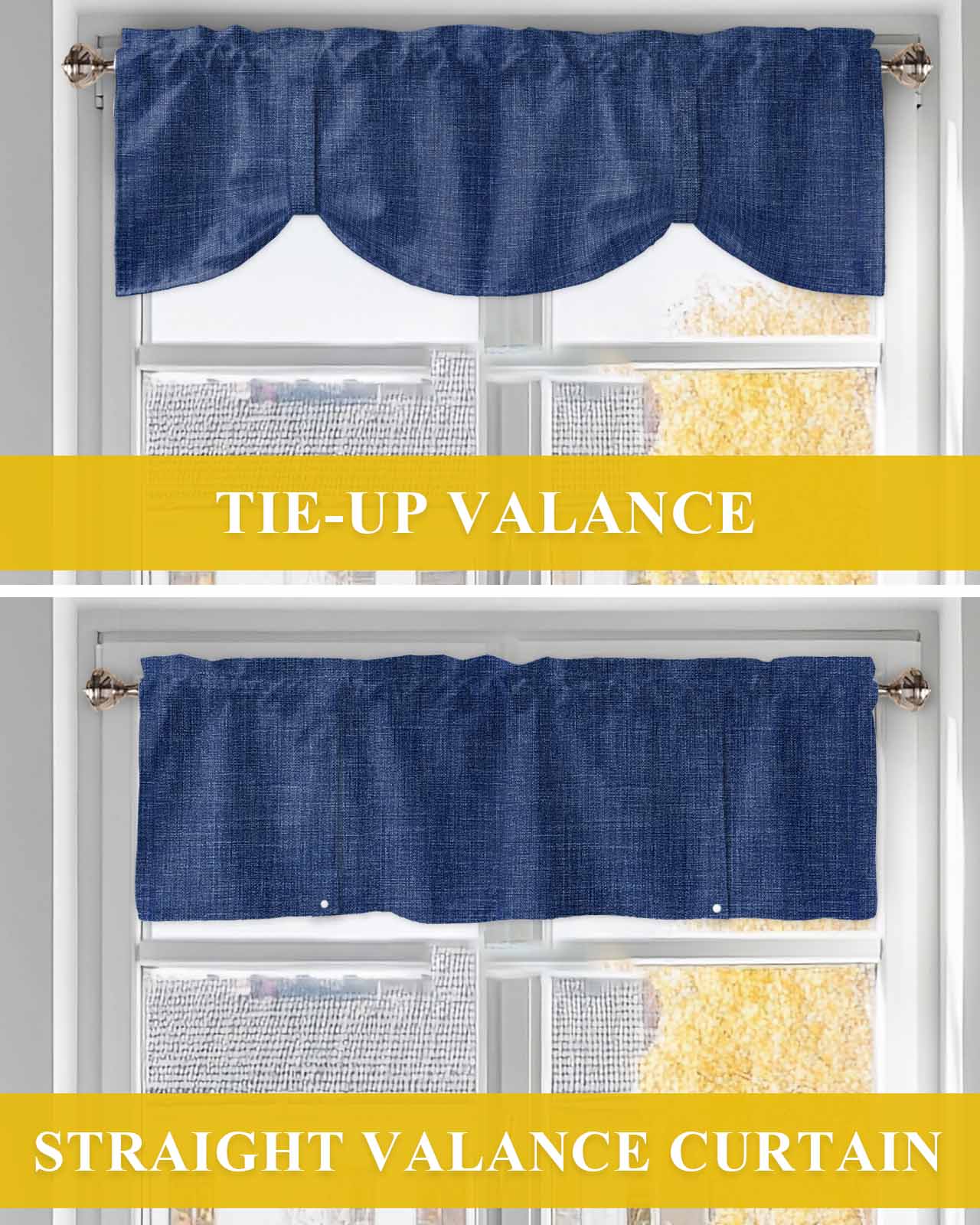 Navy Blue Linen Tie Up Valances Curtain, Adjustable Kitchen Farmhouse Pure Color Country Vintage Valances for Windows Decor, Rod Pocket Short Curtains Set for Bedroom/Bathroom, 54"x18"
