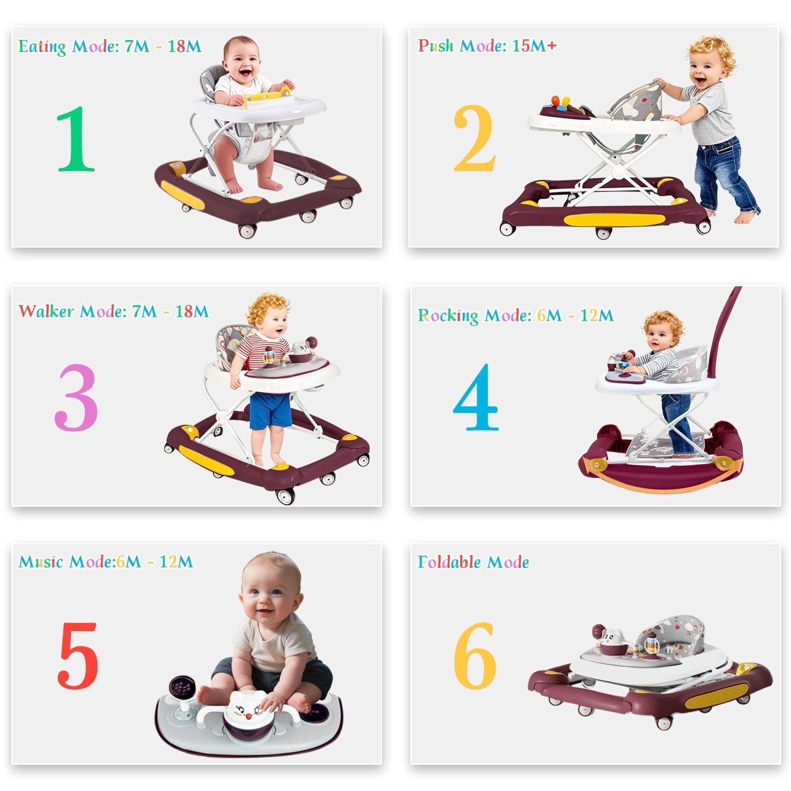 SHIBAILI 6-in-1 Activity Walker & Table - Multi-Function Center,Bouncer,Tray & Music,Red (6+ Months)