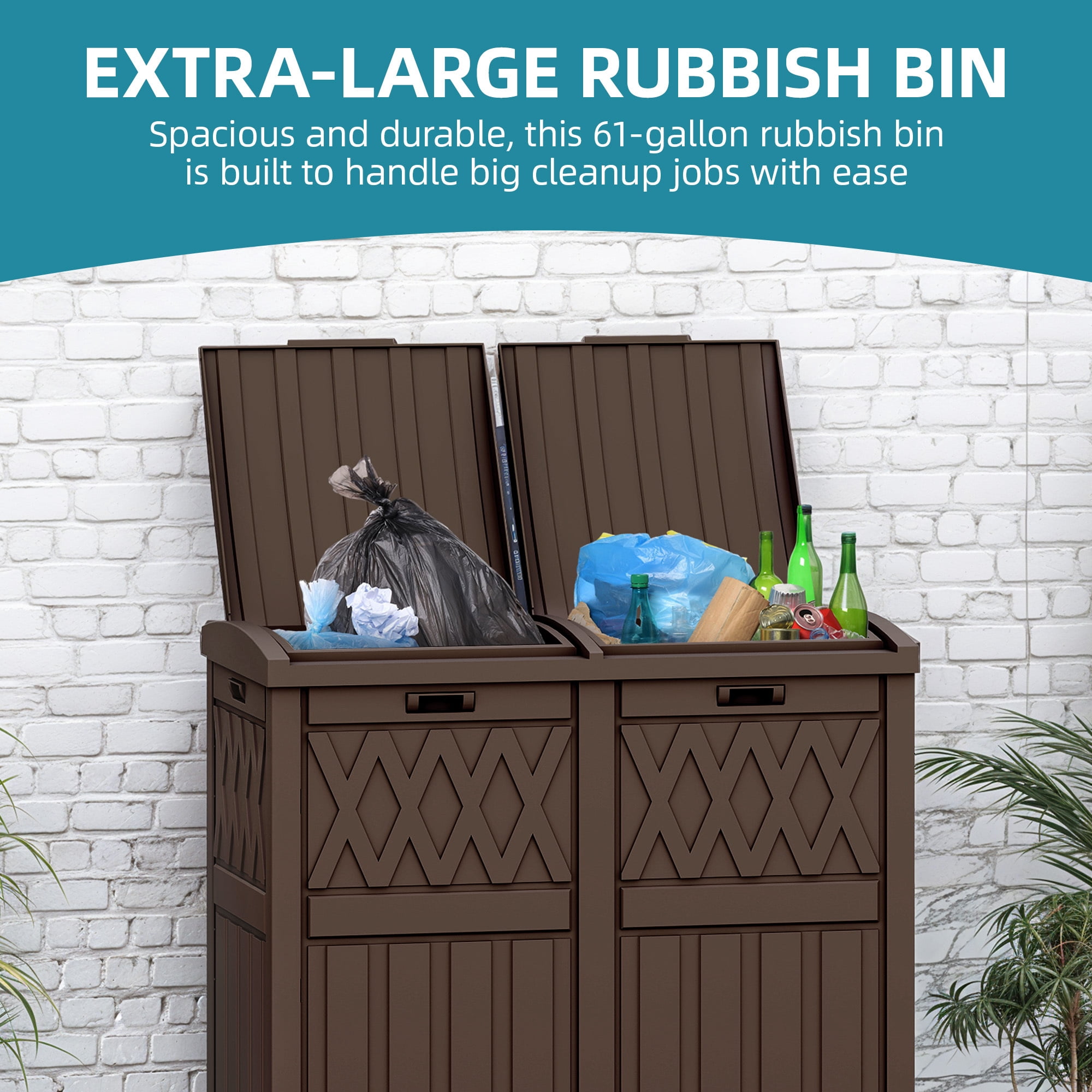 Uforic Double Compartment Outdoor Trash Can, 62 Gallon Waterproof Resin Garbage Bin with Tiered Lid and Drip Tray for Patio Deck Backyard, Dark Brown