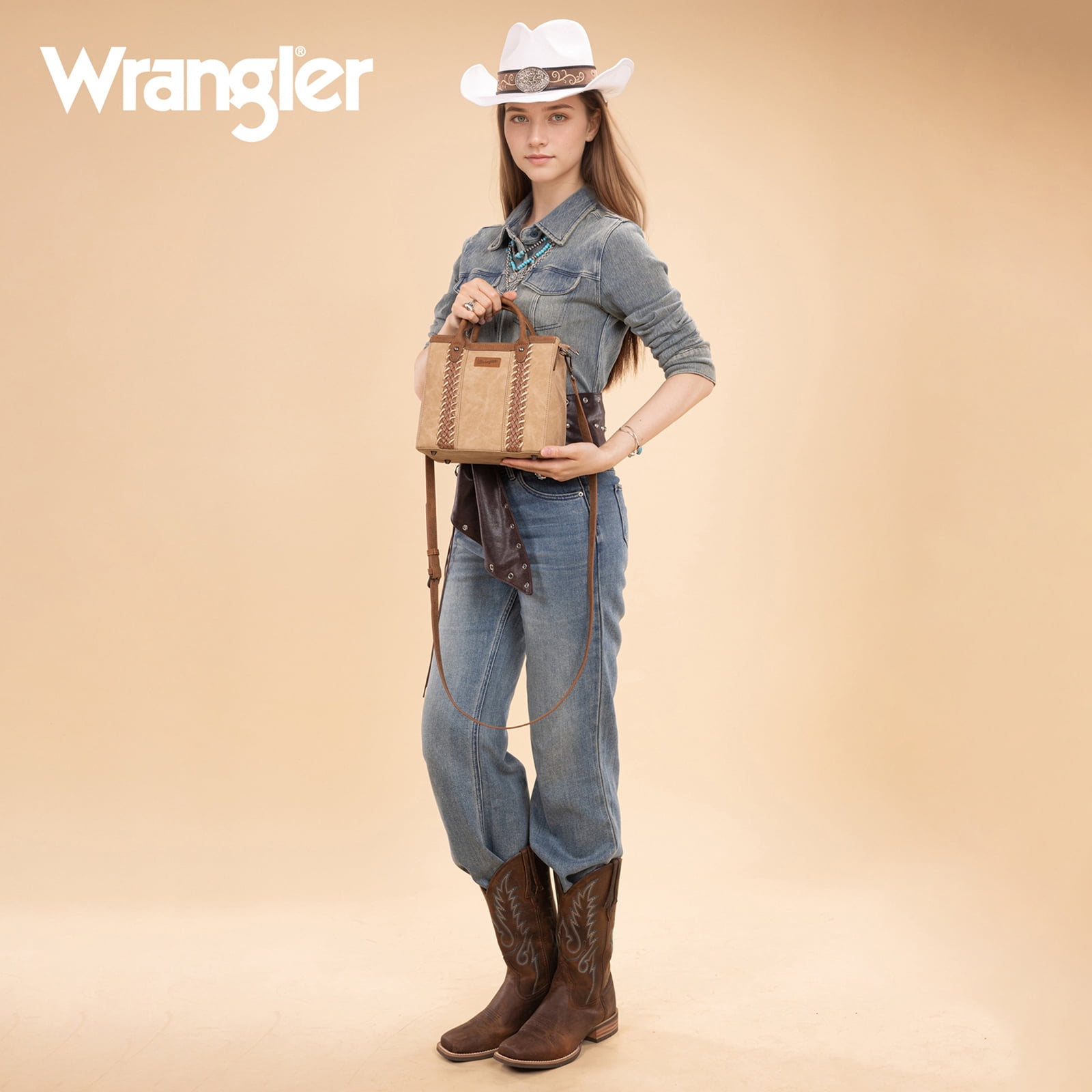 Wrangler Womens Braided Tote Bag Western Style Suede Top Handle Handbag With Detachable Crossbody Strap, Tan
