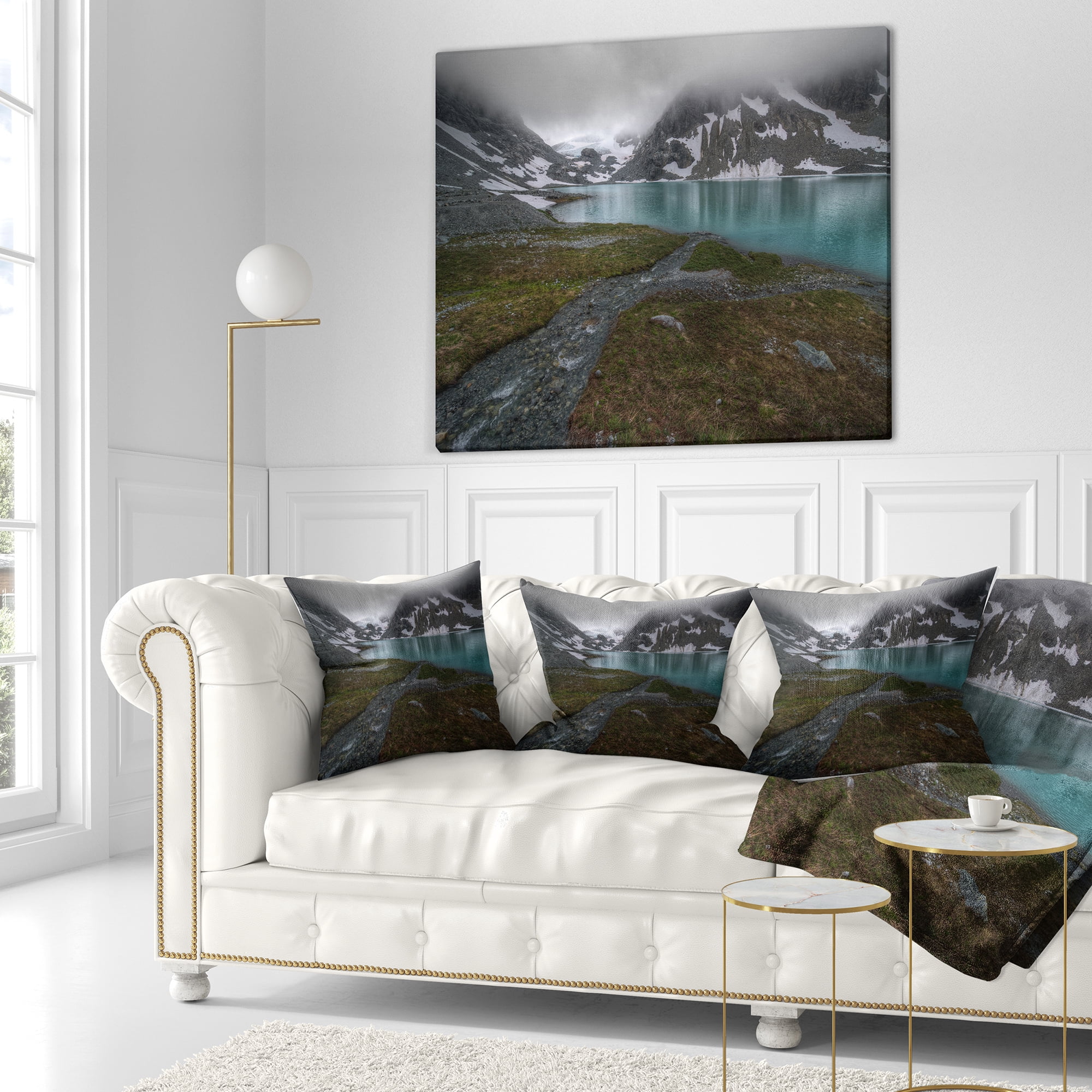 Designart Turquoise Mountain Lake with Clouds - Landscape Printed Throw Pillow - 16x16