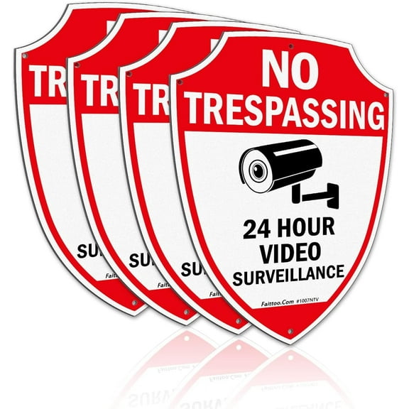 Faittoo No Trespassing Sign, Video Surveillance Signs Outdoor, 4-Pack, 9.6 x 6.8 Inch Reflective Aluminum Warning Sign for Home Business CCTV Security Camera, Weather/Fade Resistant, Shield Shape