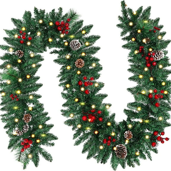 8.86  Ft Pre-lit Lighted Christmas Garland Decor, Festive Holiday Decoration for Outdoor/Indoor, Green Pine Branches with Red Berries and Pine Cones