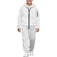 thumbnail image 2 of XIMIN Boys 2 Piece Zip Up Athletic Sweatsuit, Hoodie Jacket and Joggers Set, Lightweight Fleece for Kids (White, 8-9 Years), 2 of 8