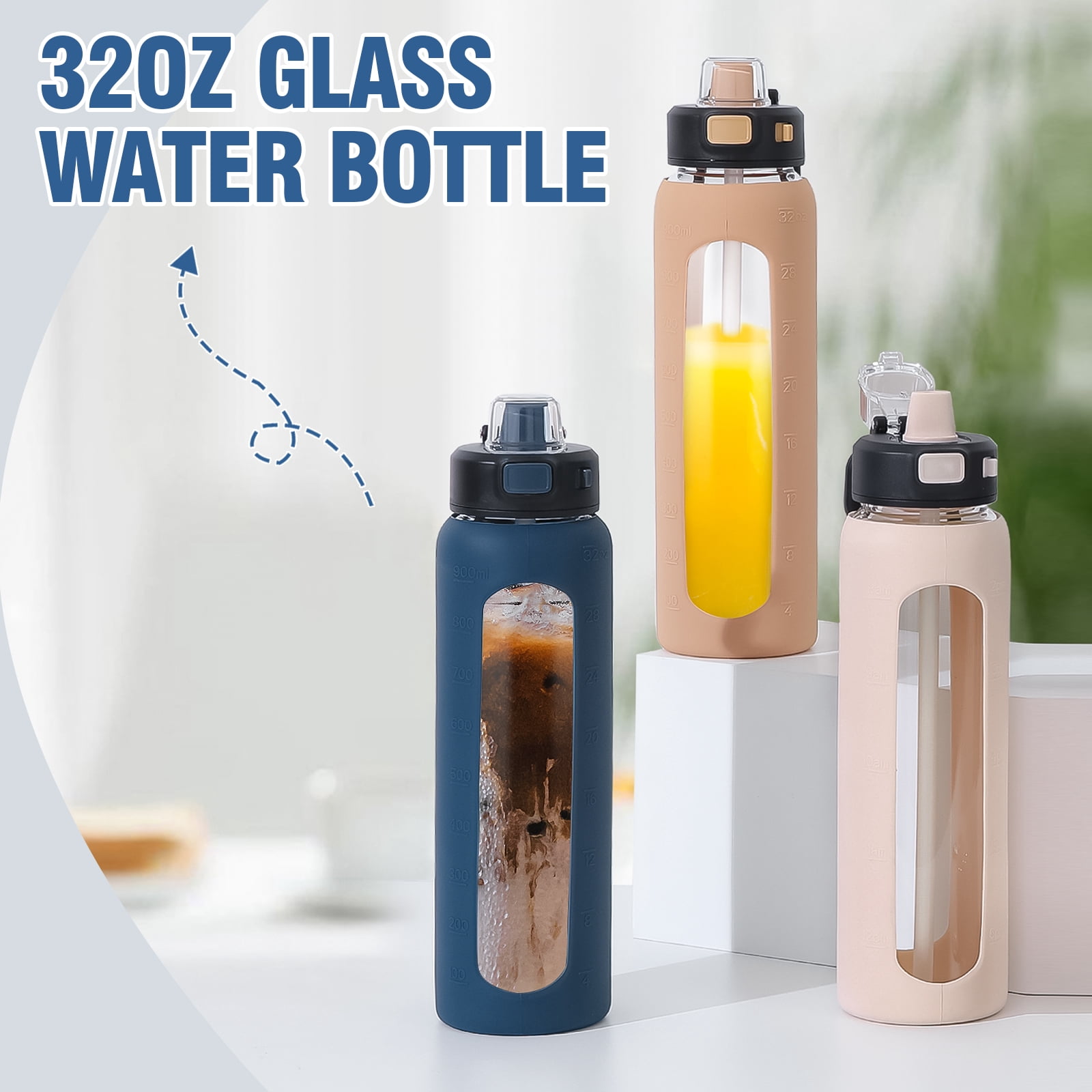 MUKOKO Water Bottle, 32oz Glass Drinking Bottle with Straw, Motivational Water Bottle with Leak Proof Locking Lid , Travel Sports Water Jug with Water Marker, Navy Blue