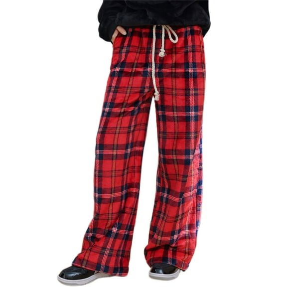 HAiming Women's Pajama Pants Plaid Drawstring High Waisted Wide Leg Pants Winter Thick Comfy Loungewear with Pocket