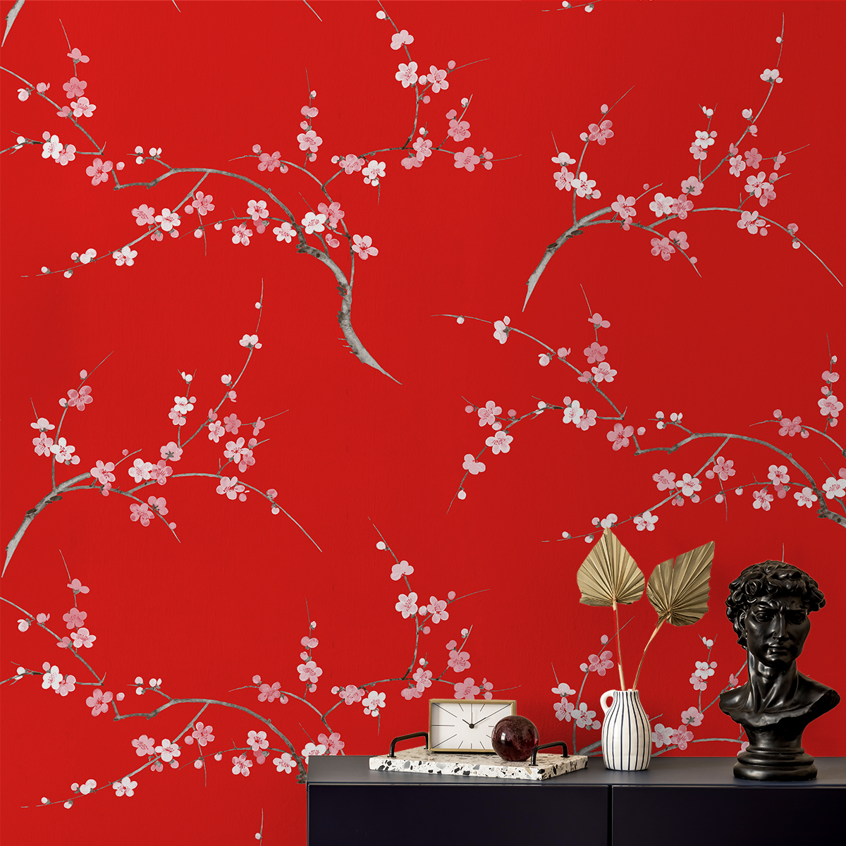 NextWall Scarlet & Petal Pink Cherry Blossom Floral Peel and Stick Wallpaper