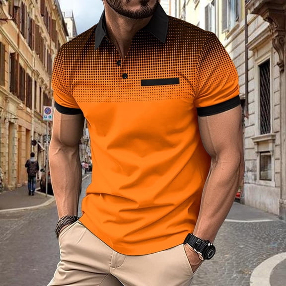 JIANJIA Mens Polo Shirts Gradient Print Lapel Button Pocket Short Sleeve Bottoming Tops Streetwear