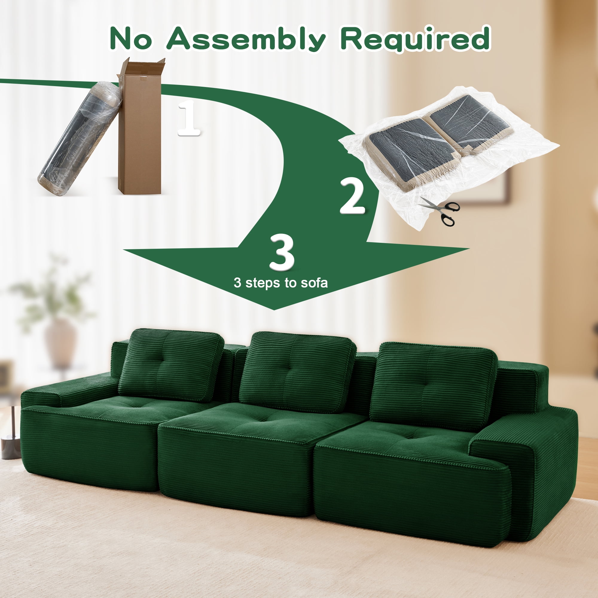Yoneston 117" Modular Sectional Sofa 3 Seater Couch with Cushions, No Assembly Corduroy Sofa with Deep Seating for Living Room Bedroom Apartment, Green
