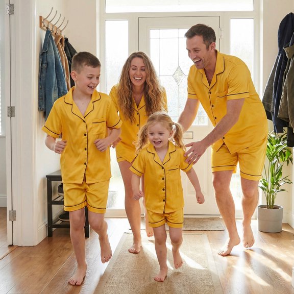 AIGUR Family Matching Pajamas Summer Solid Colors Short Sleeves Shirt and Elastic Shorts for Loungewear Soft Sleepwear
