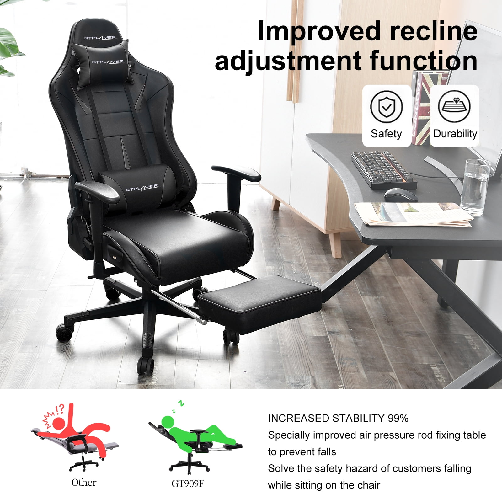 GTRACING Music Gaming Chair with Footrest Ergonomic Reclining PU Leather Office Chair Black