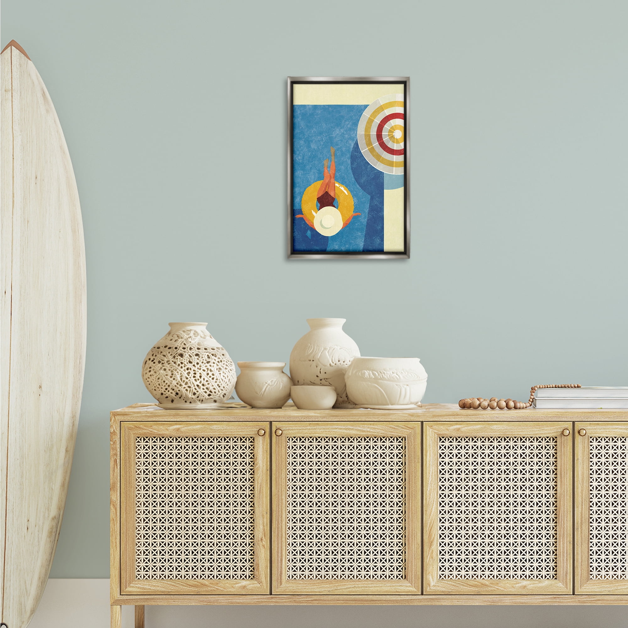Stupell Industries Relaxing on Pool Float Novelty Painting Gray Floater Framed Canvas Art Print Wall Art, 17 x 25