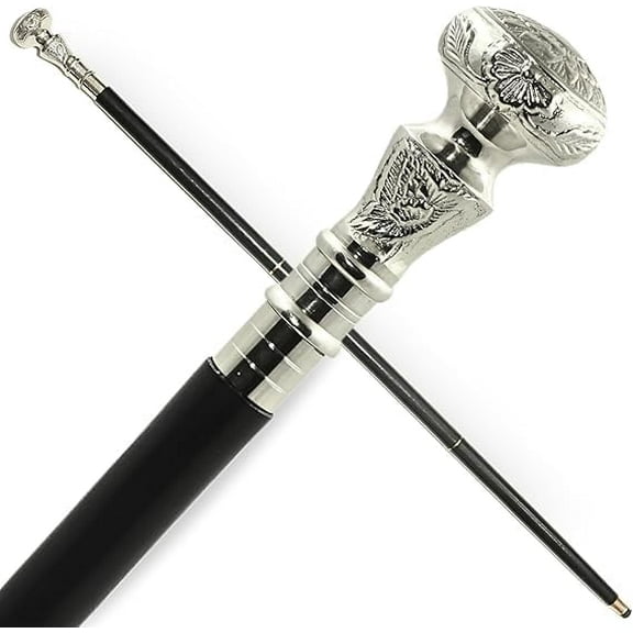 “Vintage Wooden Walking Cane with Silver Brass Knob Handle – Antique Style 35 Inch Walking Stick”