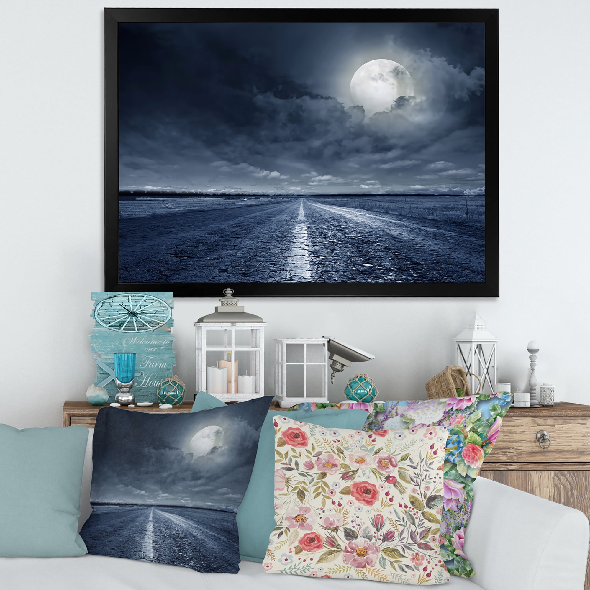 Designart 'Cloudy Full Moon Over Asphalt Road I' Nautical & Coastal Framed Art Print
