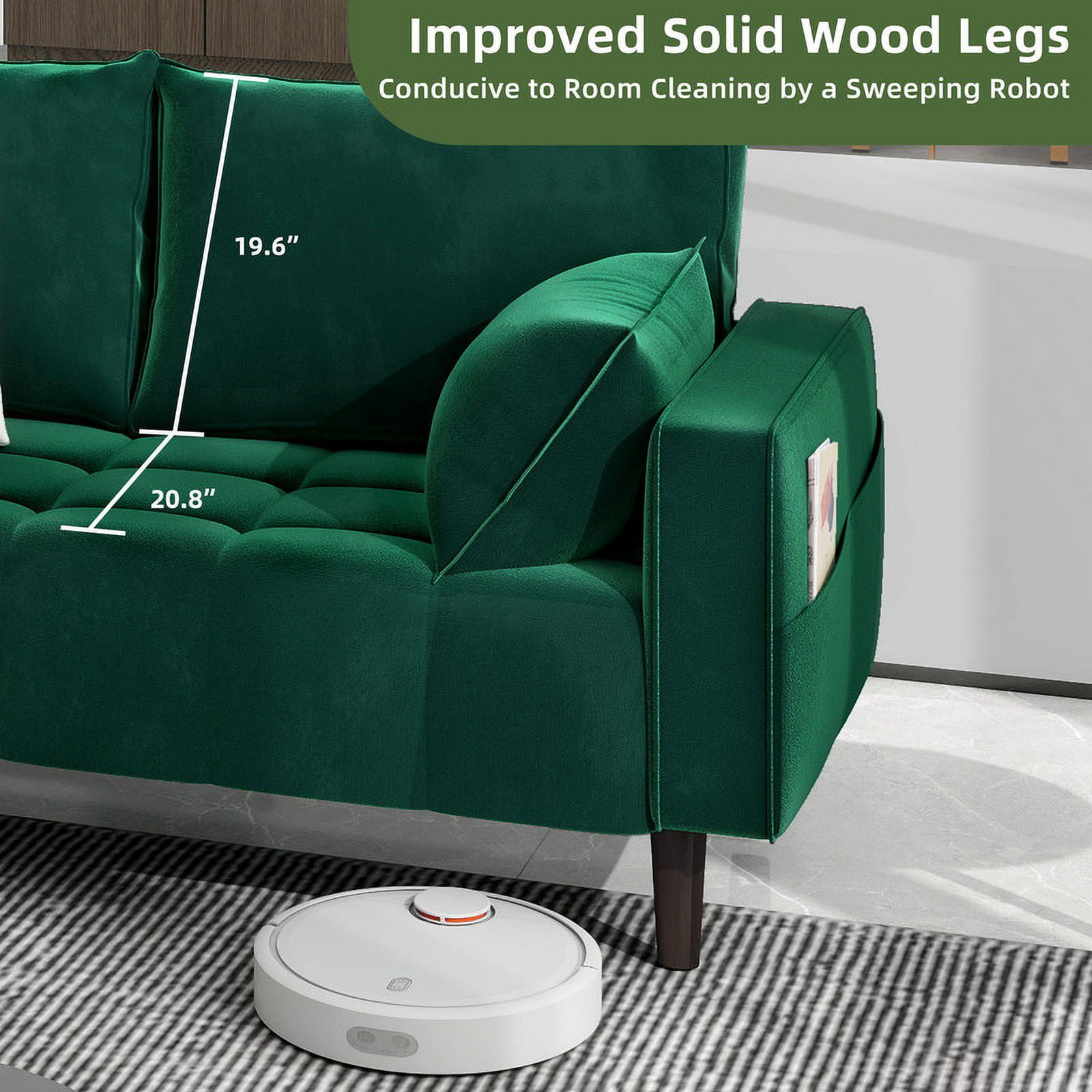 Uforic 56" Velvet Loveseat Sofa, Modern Comfortable Sofa Loveseat Small Sofa Couch with Side Storage Pockect & 2 Pillows, Button Tufted Seat Cushion for Living Room Bedroom Apartment, Green