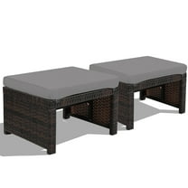 Gymax Set of 2 Rattan Ottoman Footrest Footstool Patio Furniture w/ Grey Cushion