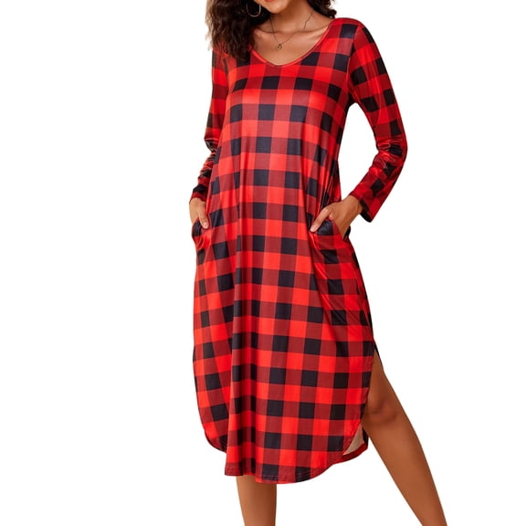 Avidlove Womens Long Sleeve Nightgown Plaid V Neck Nightshirts Sleepwear with Pockets