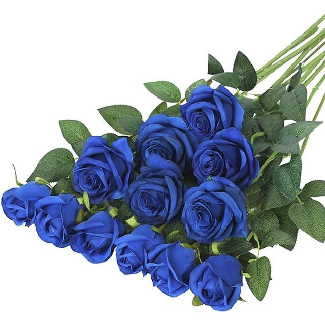 Xiao Hua 12 ramos de flores artificiales de seda, rosas realistas con tallos largos para decoración del hogar, boda o fiesta (azul)