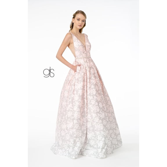 Women's Elizabeth K Glitter Illusion V Neck Dress Gl2897 Blush Pink Size XL