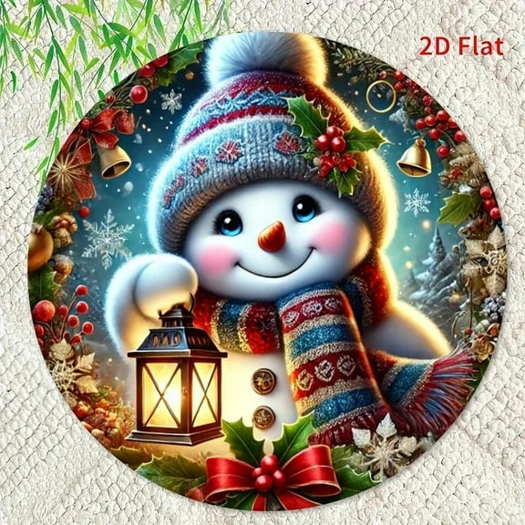 HELLOYOUNG Charming 1pc Round Iron Metal Christmas Snowman Wreath Sign - Festive Wall Decor with Lantern, Holly & Berries