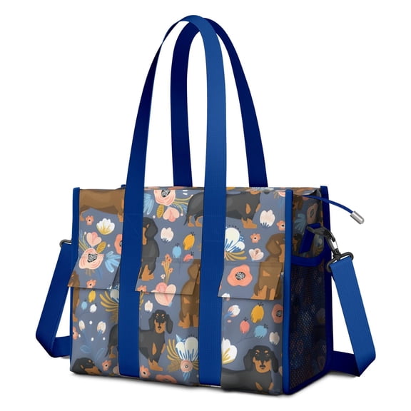 Teacher Tote Bag,Dachshund and Flower Teacher Utility Tote Bag,Large Work Tote Bags for Women with Multiple Pockets,Top Zipper Closure,13.8x10.6x6.7 Inch