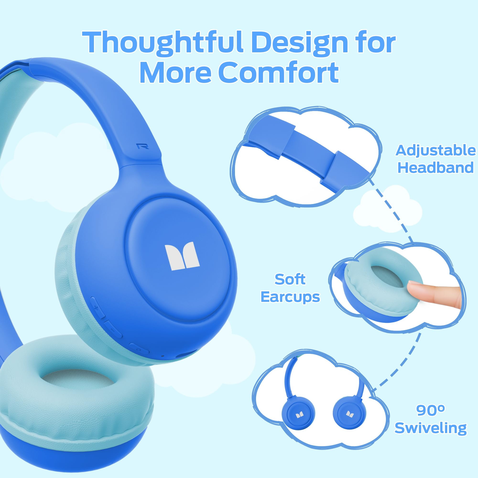 Monster Bluetooth Kids Headphones with Microphone, Wireless Headset for Children with 85/94dB Safe Volume, 60 Hours Playtime, On-Ear Kids Wireless Headphones for Boys and Girls/ School (Blue)