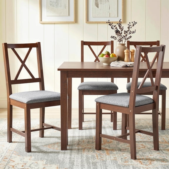 HOMCOM Wooden Dining Chairs Set of 4, Upholstered X-Back Kitchen Chairs with Rubberwood Legs and Padded Seat for Dining Room, Walnut