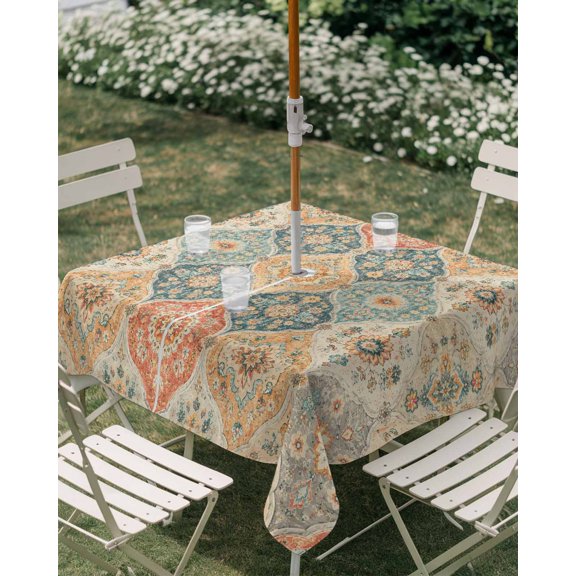 Outdoor Tablecloth with Umbrella Hole, Vintage Rustic Flower Texture Zippered Table Cloth for Rectangle Tables, Bohemian Floral Pattern Washable Waterproof Tablecloths for Picnic Patio Garden