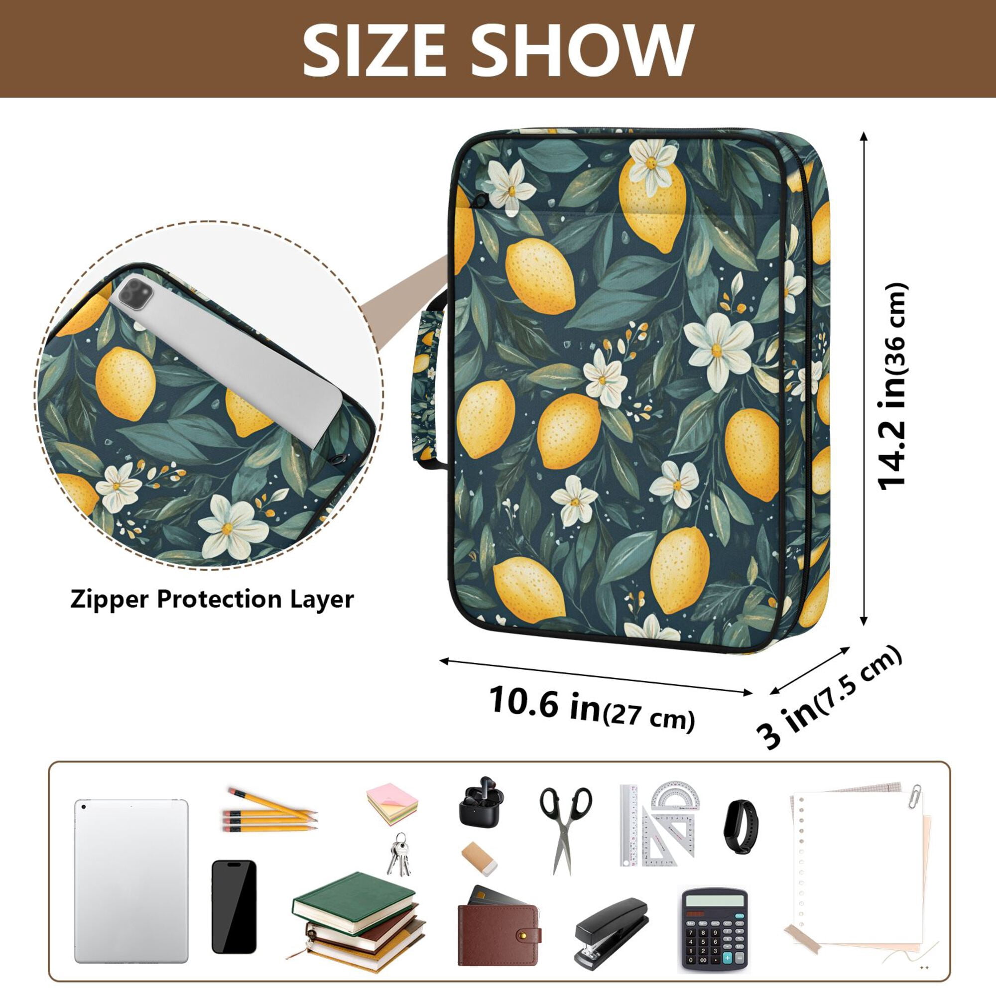 FORMRS Accordion File Folder A4 Size 7-Pocket Expanding Document Organizer Bag with 3 Ring Binder, Blue Floral Lemons