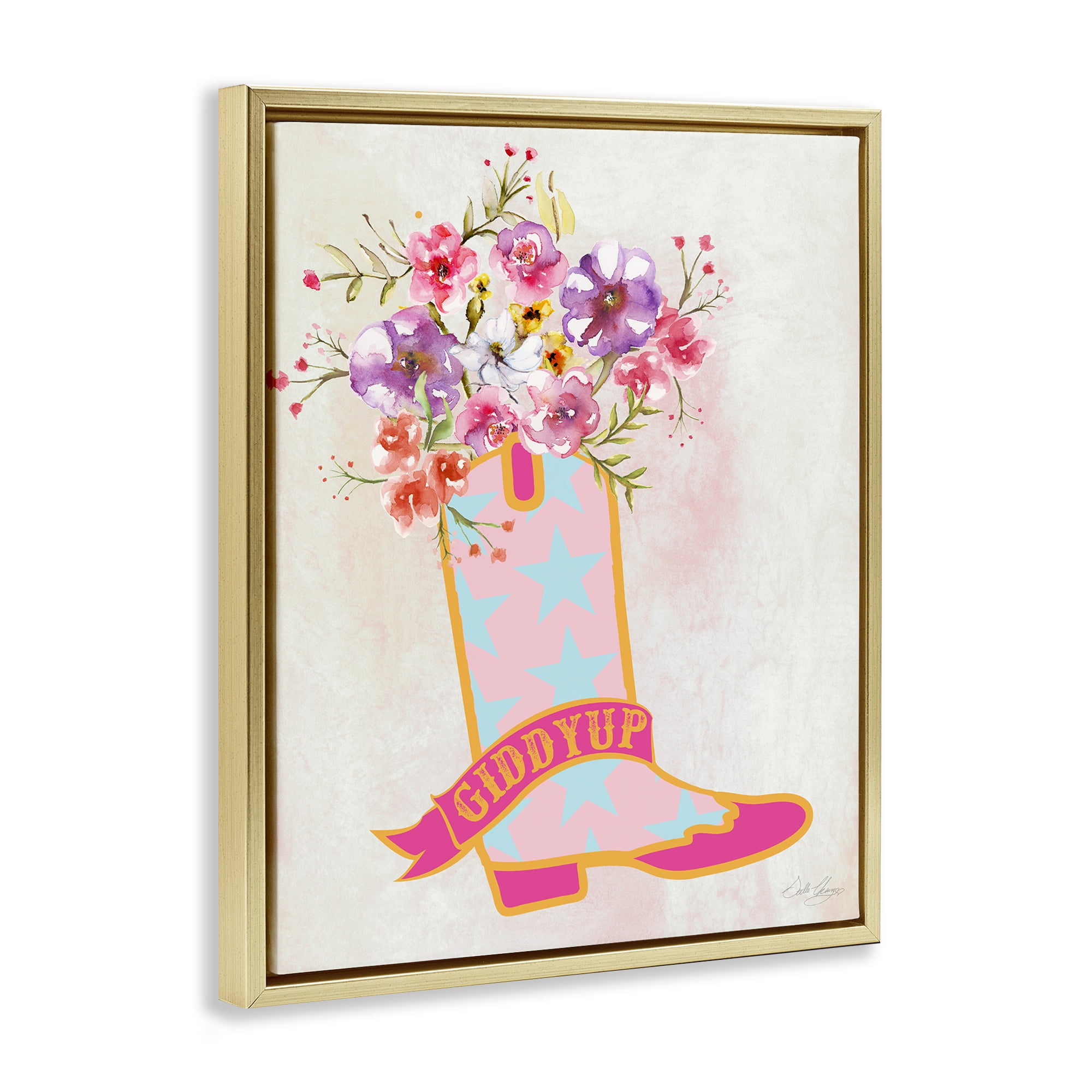 Stupell Industries Giddy Up Floral Cowgirl Plants & Flowers Painting Gold Floater Framed Canvas Art Print Wall Art, 25 x 31