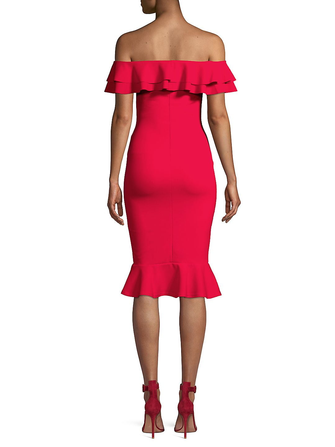 black bardot frill hem midi dress