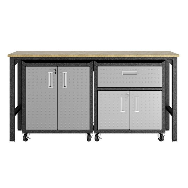 Manhattan Comfort Armoire de Garage et Table de Travail en Acier 2.0 à 3 Pcs, Mobile, Gain de Place, Gris