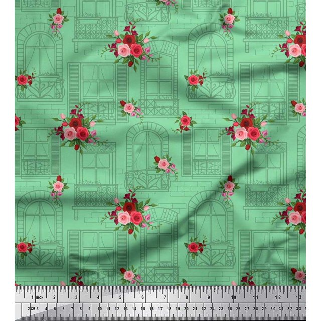 Soimoi Poly Georgette Fabric Window,Leaves & Rose Floral Print Sewing Fabric Yard 42 Inch Wide